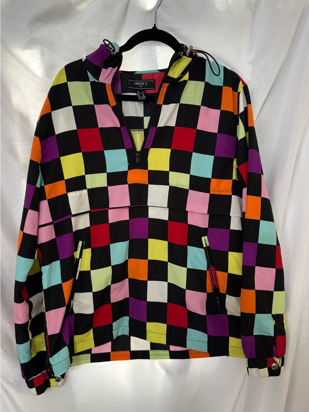 Forever 21 Black Multicolor Checkerboard Pullover Windbreaker